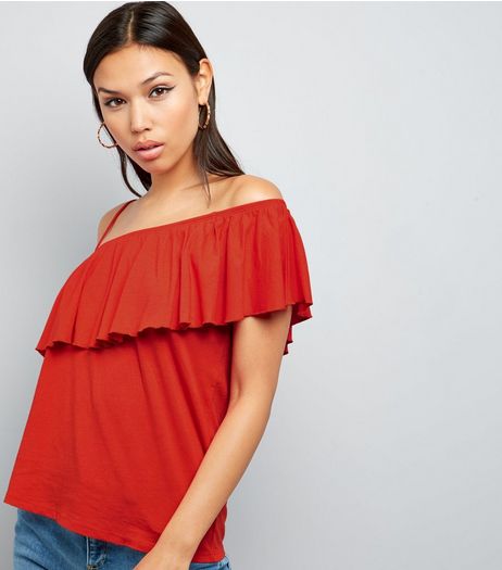Spicy Orange Frill Trim Off the Shoulder Top | New Look