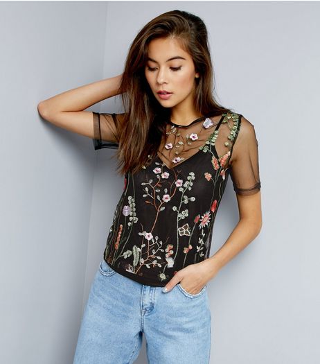 Black Floral Embroidered Mesh Top | New Look