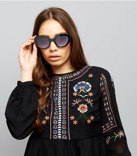 Black Oval Cat Eye Sunglasses | New Look
