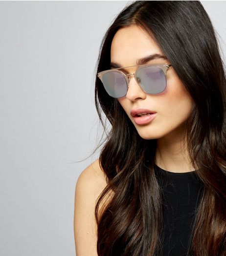 Gold Double Bar Mirror Len Sunglasses | New Look