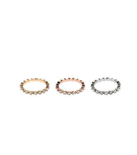 3 Pack Gold And Silver Crystal Rings | New Look