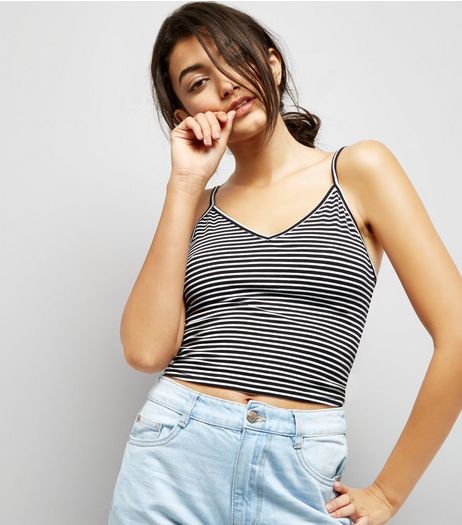 Black Stripe V Neck Cropped Cami | New Look