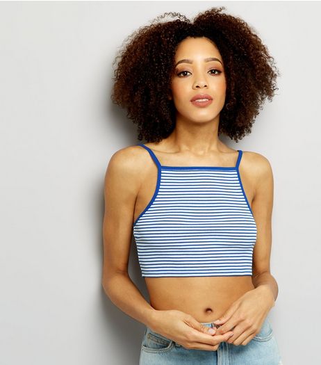 Blue Stripe Ribbed Shoestring Crop Top | New Look
