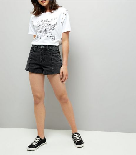 Black Seam Trim Denim Mom Shorts | New Look
