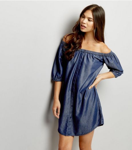 Blue Button Front Bardot Dress | New Look