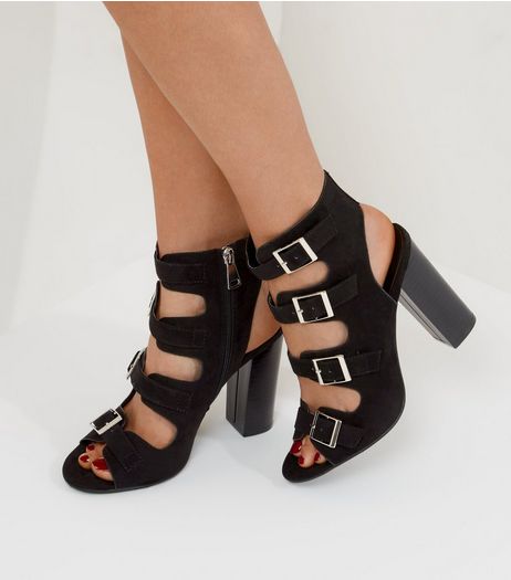 Wide Fit Black Suedette Multi Buckle Strap Heels | New Look