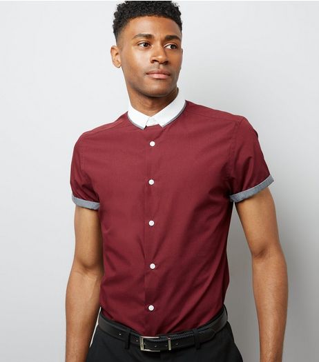 Burgundy Contrast Collar Short Sleeve Shirt | New Look