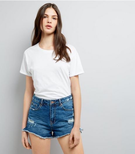 Blue Ripped Denim Mom Shorts | New Look