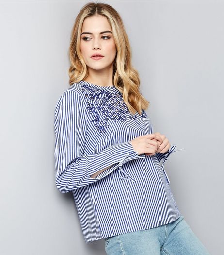 Blue Stripe Tie Sleeve Embroidered Top | New Look