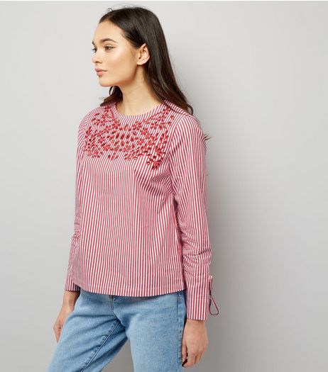 Red Stripe Embroidered Tie Sleeve Top | New Look