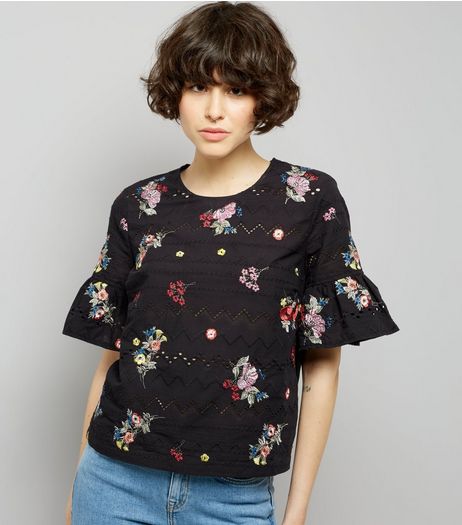 Black Embroidered Bell Sleeve Top | New Look