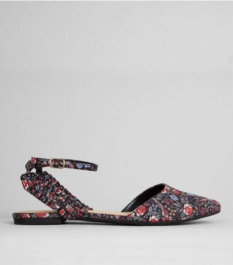 Black Floral Print Frill Trim Pointed Pumps | New Look