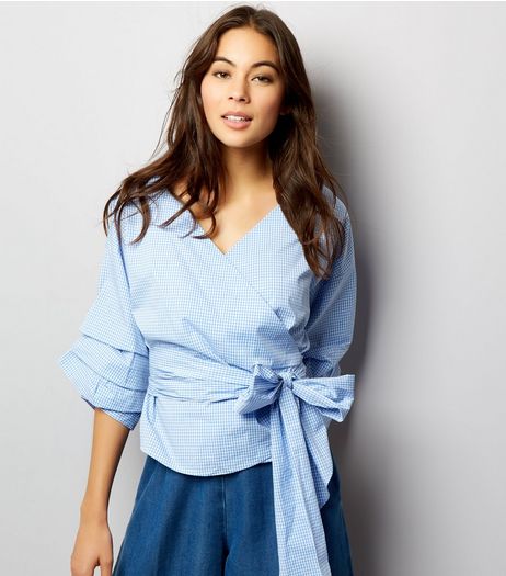 Blue Gingham Wrap Front Tie Waist Ruched Sleeve Top | New Look