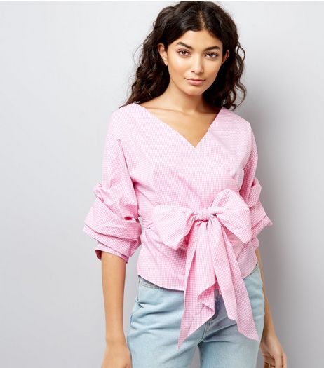 Pink Gingham Wrap Front Tie Waist Ruched Sleeve Top | New Look