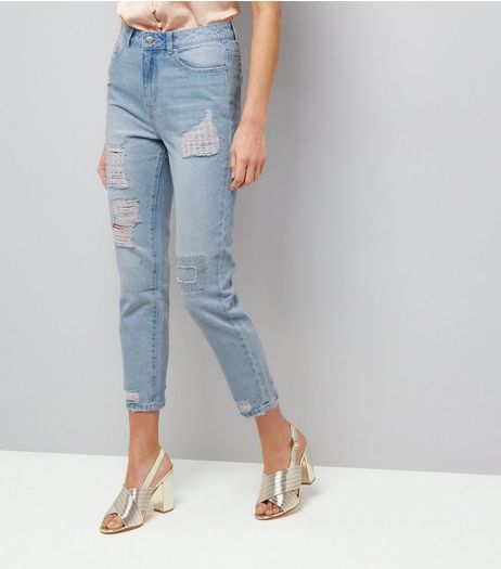 Pale Blue Ripped Patchwork Tori Mom Jeans | New Look