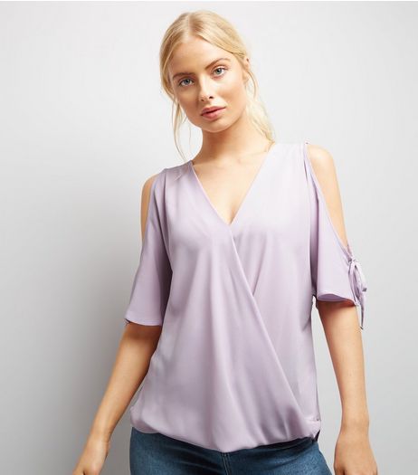 Lilac Tie Sleeve Cold Shoulder Wrap Front Top | New Look