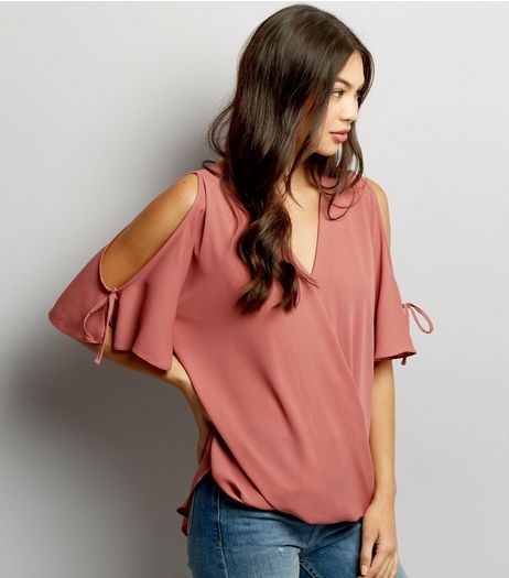 Pink V Neck Wrap Front Cold Shoulder Top | New Look