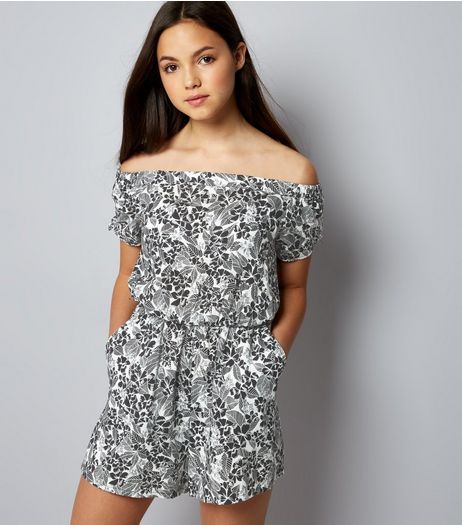 Teens Black Tropical Print Bardot Neck Playsuit | New Look