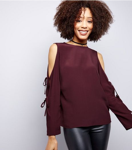 Burgundy Tie Sleeve Cold Shoulder Top | New Look