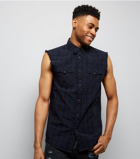 Navy Check Sleeveless Shirt | New Look