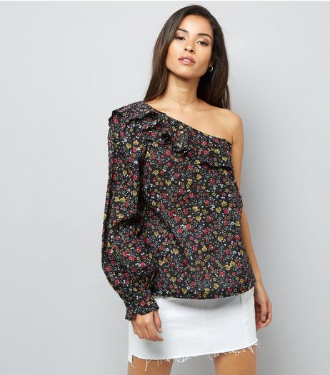 Black Ditsy Floral Print Off The Shoulder Top | New Look