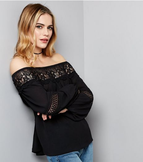 Black Crochet Lace Trim Bardot Neck Top | New Look