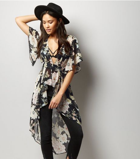 Black Floral Print Frill Trim Kimono | New Look