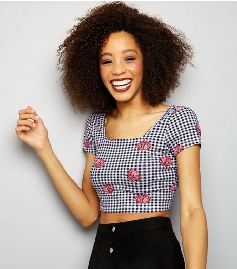 Black Floral Gingham Check Crop Top | New Look