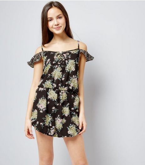 Teens Black Floral Print Lattice Front Playsuit | New Look