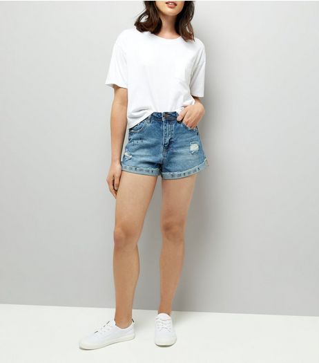 Blue Ripped Denim Mom Shorts | New Look