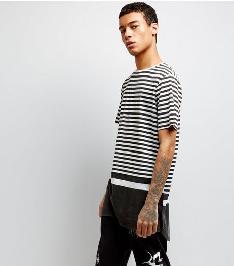 Black Blocked Stripe Longline T-Shirt | New Look