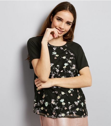 Black Floral Embroidered Mesh T-Shirt | New Look