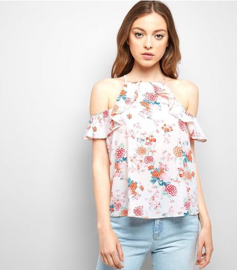 White Floral Print Frill Trim Cold Shoulder Top | New Look