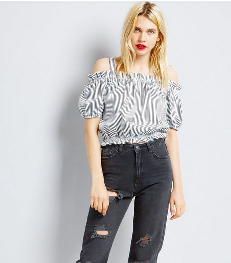 White Stripe Cold Shoulder Top | New Look
