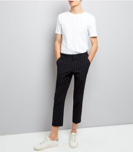 Black Pinstripe Seersucker Tailored Slim Leg Trousers | New Look