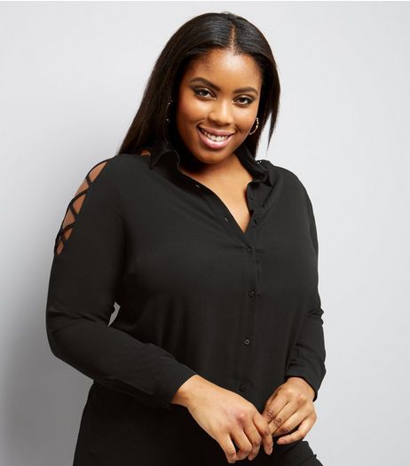 Curves Black Lattice Sleeve Shirt | New Look