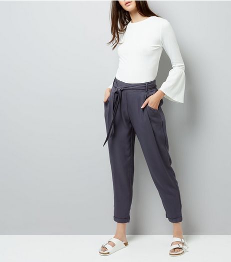 Charcoal Grey Tie Waist Trousers | New Look