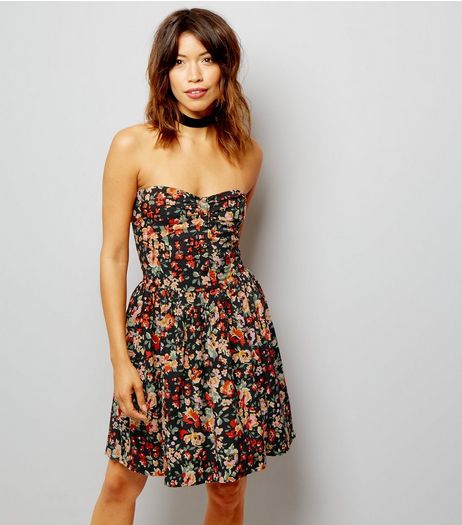 Motel Red Floral Print Strapless Dress | New Look