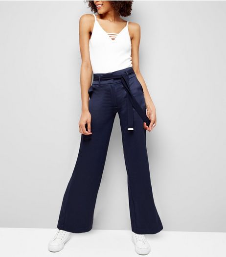 Navy Sateen High Waist Wide Leg Trousers | New Look