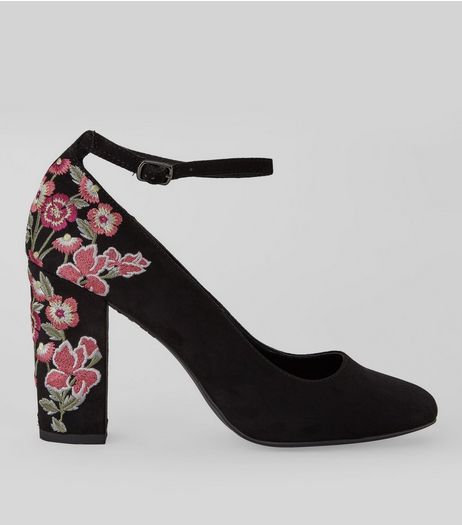 Black Suedette Embroidered Heels | New Look