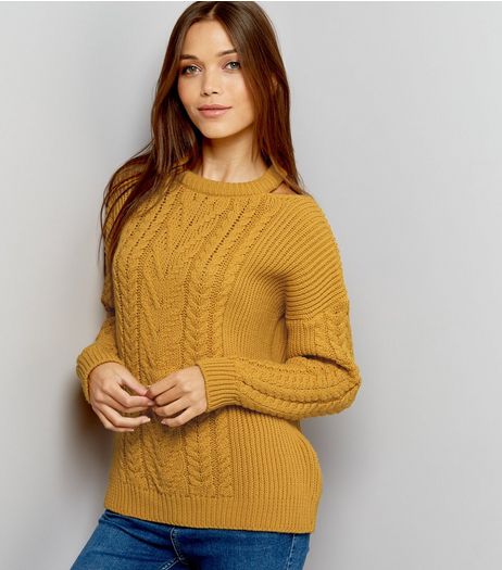 Yellow Cable Knit Cut Out Neck Jumper | New Look