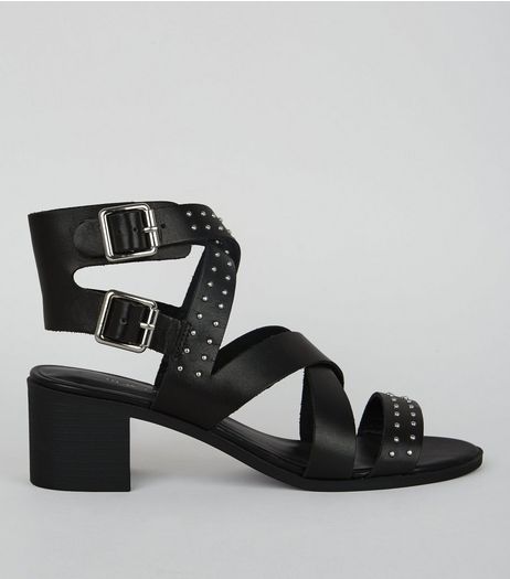 Black Studded Leather Heeled Sandals | New Look
