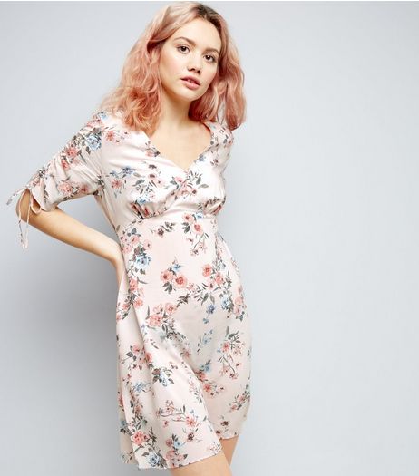 Shell Pink Floral Print Tie Sleeve Tea Dress | New Look