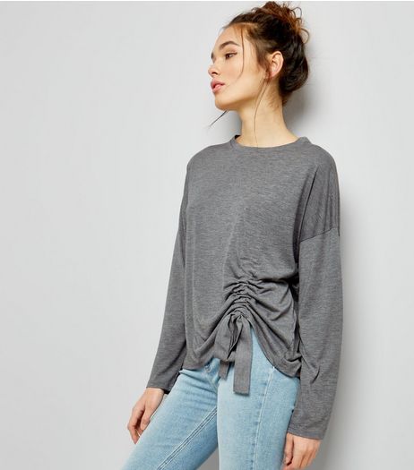 Dark Grey Ruched Front Long Sleeve T-Shirt | New Look