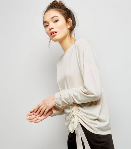 Cream Ruched Front Long Sleeve T-Shirt | New Look