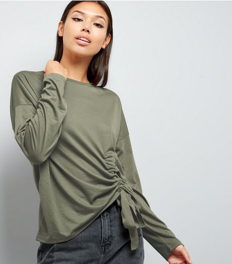 Olive Green Ruched Front Long Sleeve T-Shirt | New Look