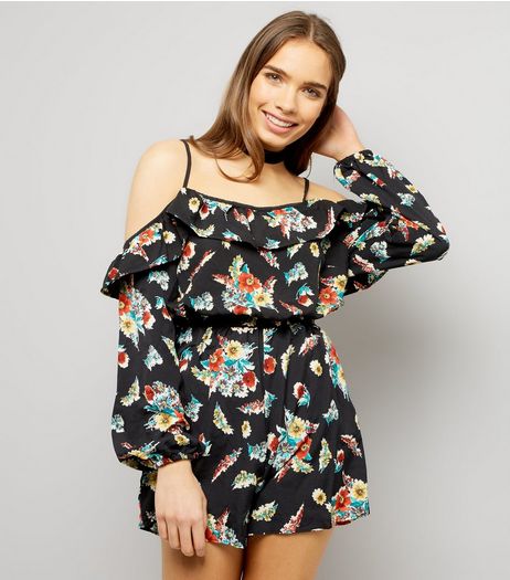 Black Floral Print Frill Trim Cold Shoulder Playsuit | New Look