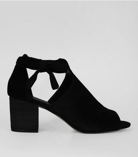 Black Suede Bow Side Heeled Sandals | New Look