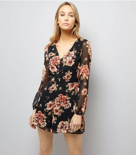 Black Floral Print Chiffon Long Sleeve Playsuit | New Look