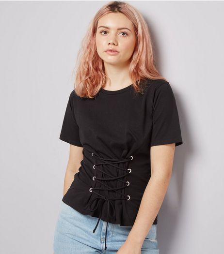 Black Lace Up Corset T-Shirt | New Look